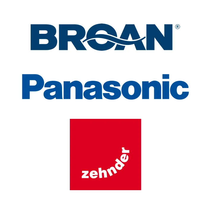 Logos of top Energy Recovery Ventilator brands including Zehnder, Panasonic, and Broan