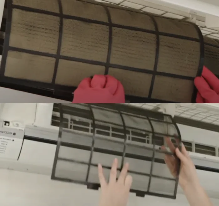 Comparaison côte à côte d'un filtre à air de thermopompe sale et d'un filtre propre
