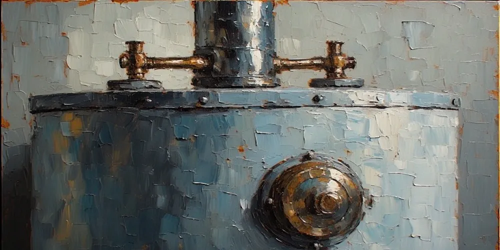 An oil painting style close-up of the top of a blue water heater, showing heavy brushstrokes, rusted edges, and metallic pipe connections.